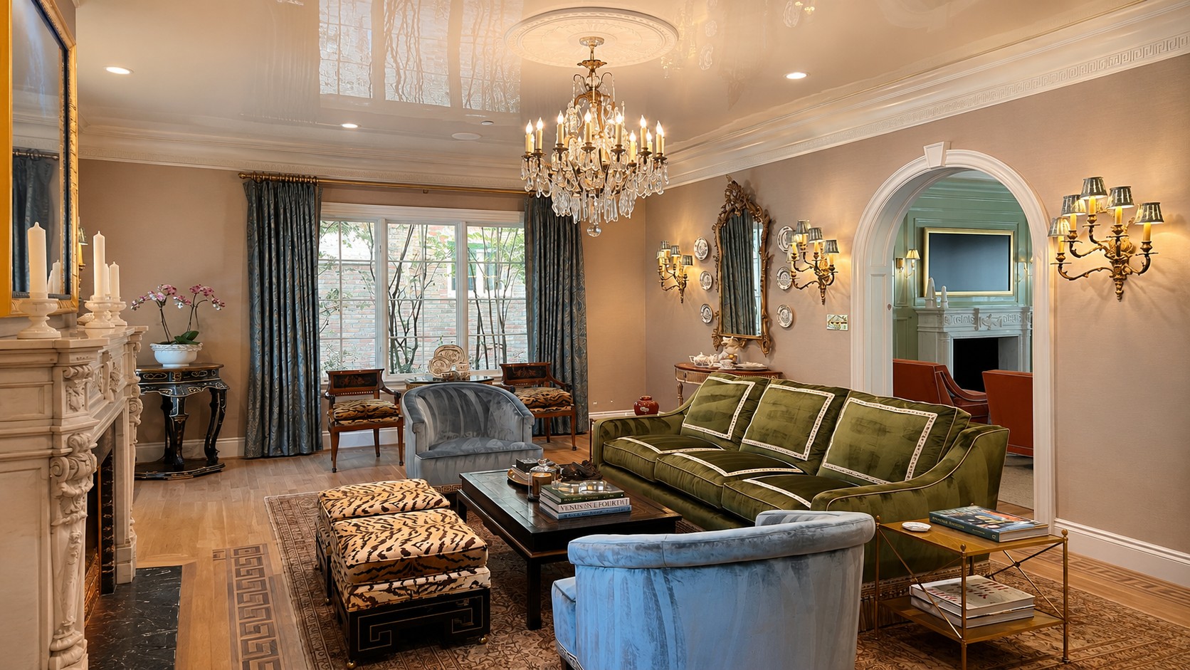 High gloss Hollandlac ceiling reflecting a crystal chandelier in a living room